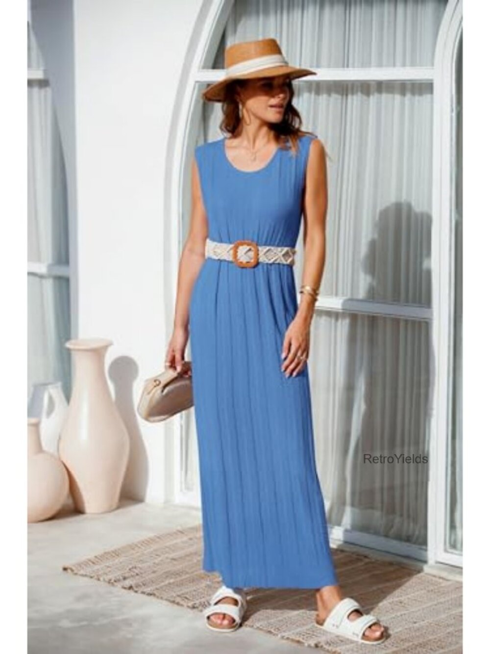 Sleeveless Ribbed Knit Tank Maxi Dress Scoop Neck Summer Casual - Picture 4 of 6